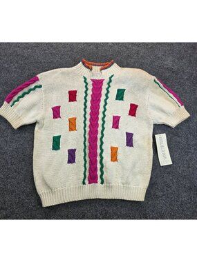 Vintage Heirloom Short Sleeve Hand Knit Sweater L White Cottagecore Twee Preppy